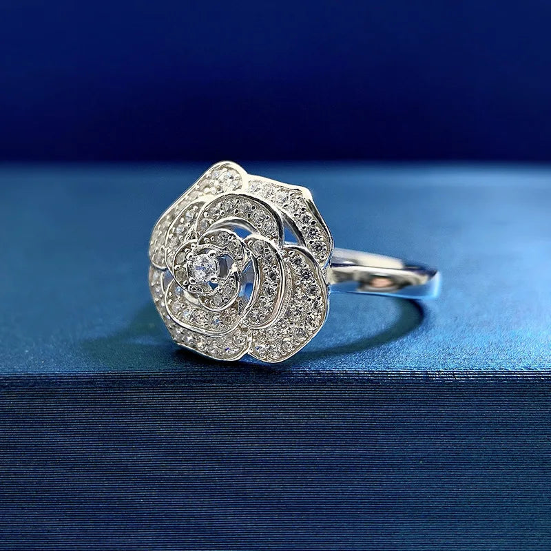 ZOCA Pure Luxury 925 Sterling Silver Camellia Flower Design Engagement Ring for Women Jewelry Gift