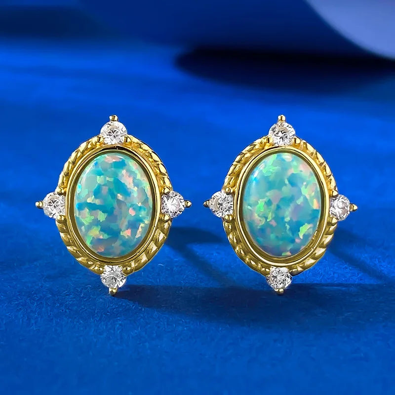 VintCarve Vintage 100% 925 Sterling Silver Oval Cut Synthetic Opal High Carbon Diamonds Gemstone Stud Earrings Party Fine Jewelry