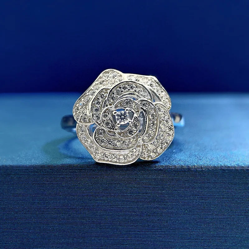 ZOCA Pure Luxury 925 Sterling Silver Camellia Flower Design Engagement Ring for Women Jewelry Gift