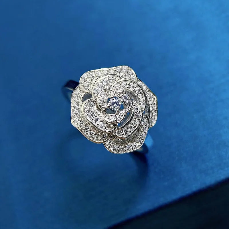 ZOCA Pure Luxury 925 Sterling Silver Camellia Flower Design Engagement Ring for Women Jewelry Gift