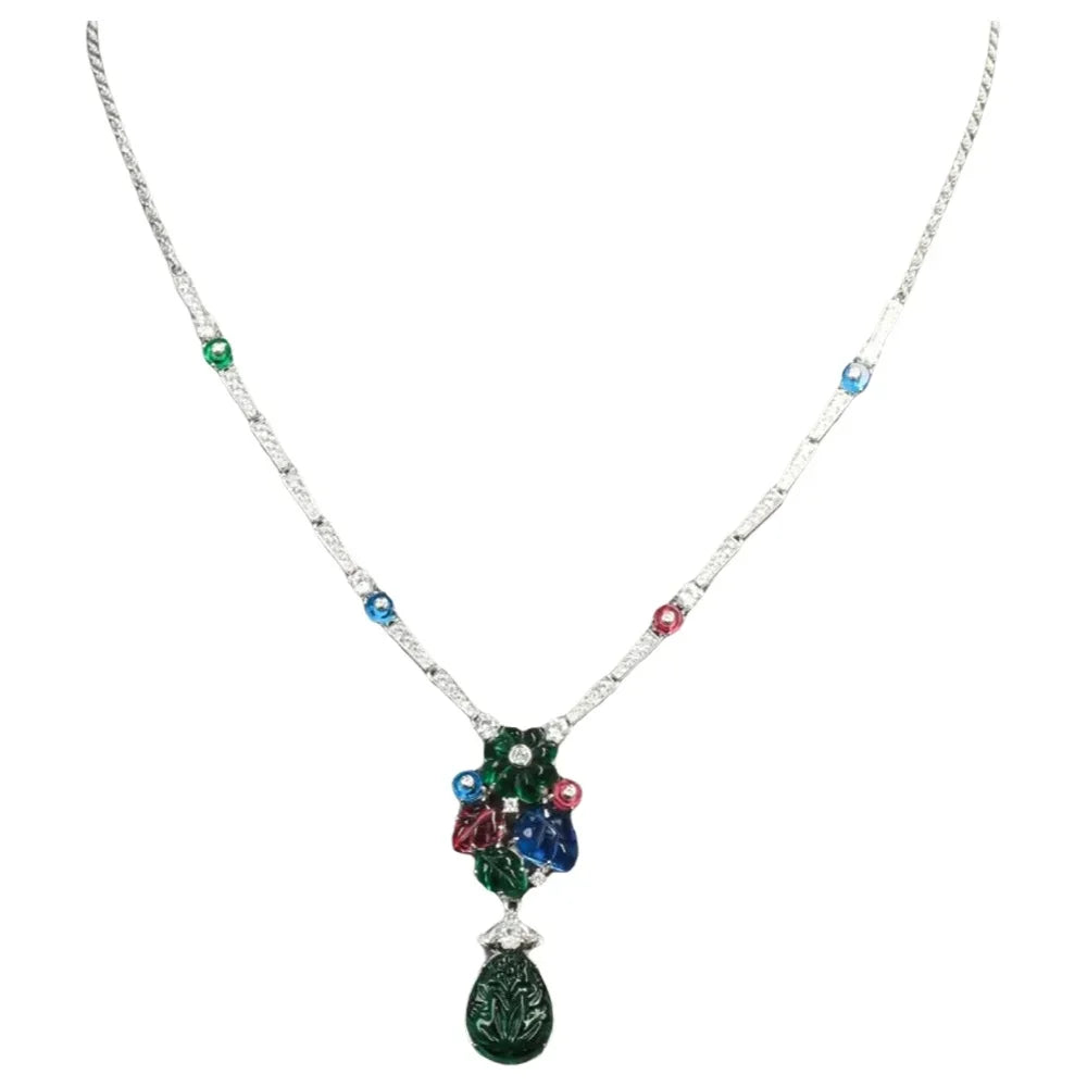 ZOCA Colorful 925 Sterling Silver Sapphire Ruby Emerald Engraved Diamonds Gemstone Cocktail Pendant Necklaces Fine Jewelry