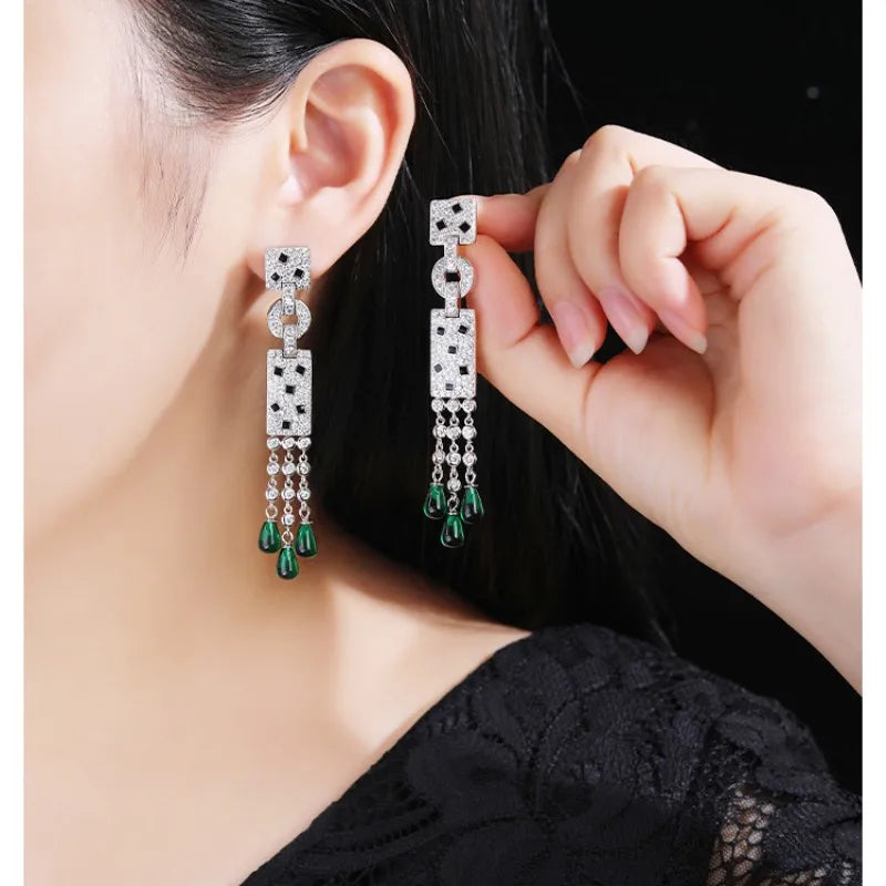 ZOCA S925 Sterling Silver Panther Black Spot Leopard TearDrop Tassel Dangle Earrings for Women Fine Luxury Designer Jewelry
