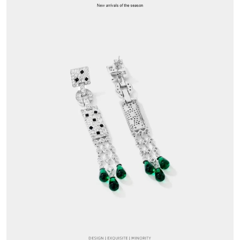 ZOCA S925 Sterling Silver Panther Black Spot Leopard TearDrop Tassel Dangle Earrings for Women Fine Luxury Designer Jewelry