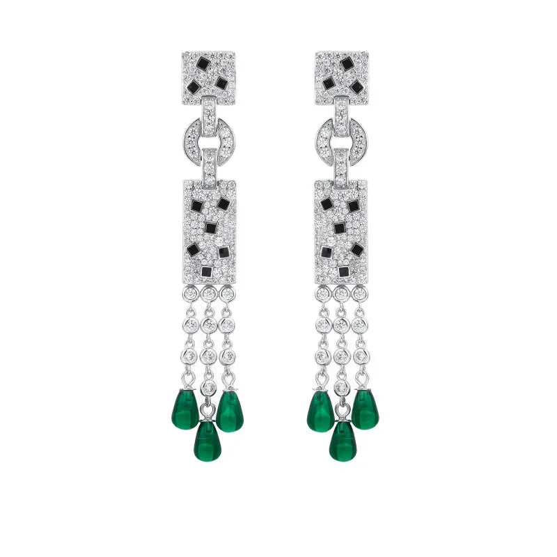 ZOCA S925 Sterling Silver Panther Black Spot Leopard TearDrop Tassel Dangle Earrings for Women Fine Luxury Designer Jewelry