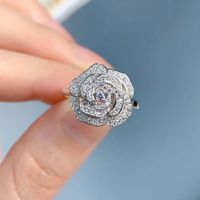 ZOCA Pure Luxury 925 Sterling Silver Camellia Flower Design Engagement Ring for Women Jewelry Gift