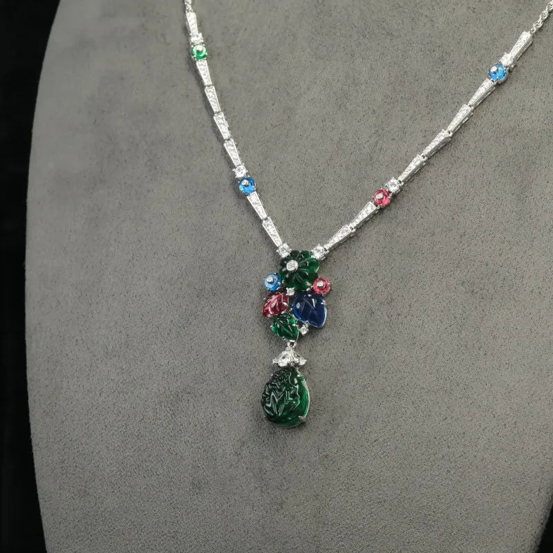 ZOCA Colorful 925 Sterling Silver Sapphire Ruby Emerald Engraved Diamonds Gemstone Cocktail Pendant Necklaces Fine Jewelry
