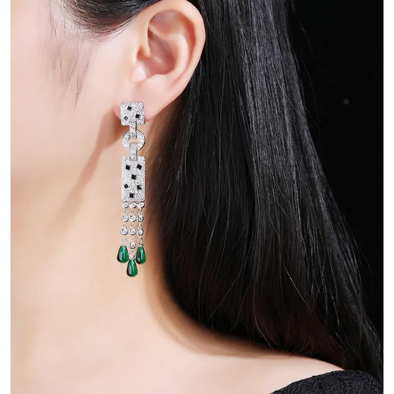 ZOCA S925 Sterling Silver Panther Black Spot Leopard TearDrop Tassel Dangle Earrings for Women Fine Luxury Designer Jewelry