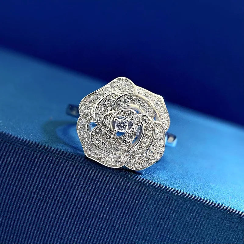 ZOCA Pure Luxury 925 Sterling Silver Camellia Flower Design Engagement Ring for Women Jewelry Gift