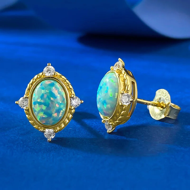 VintCarve Vintage 100% 925 Sterling Silver Oval Cut Synthetic Opal High Carbon Diamonds Gemstone Stud Earrings Party Fine Jewelry