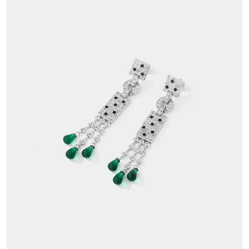 ZOCA S925 Sterling Silver Panther Black Spot Leopard TearDrop Tassel Dangle Earrings for Women Fine Luxury Designer Jewelry