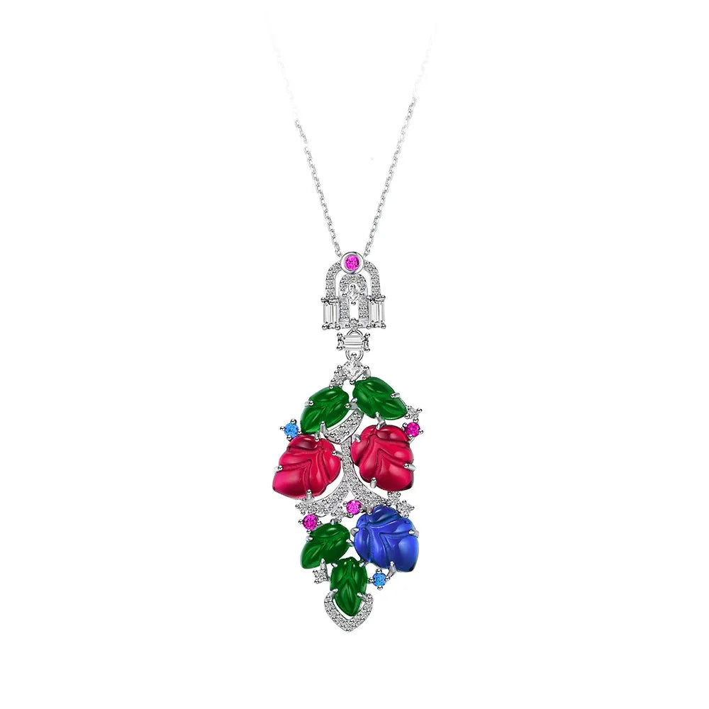 ZOCA 925 Sterling Silver Pendant Necklace for Women Colorful Lab Sapphire Gemstone Fruit Engraved Leaf Shape Fine Jewelry