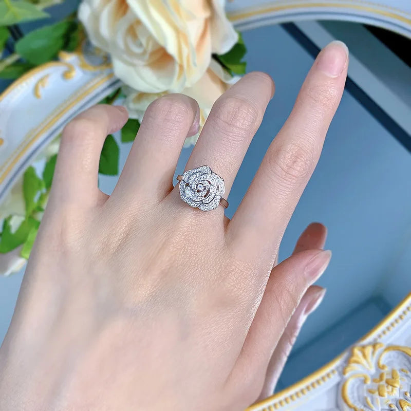 ZOCA Pure Luxury 925 Sterling Silver Camellia Flower Design Engagement Ring for Women Jewelry Gift