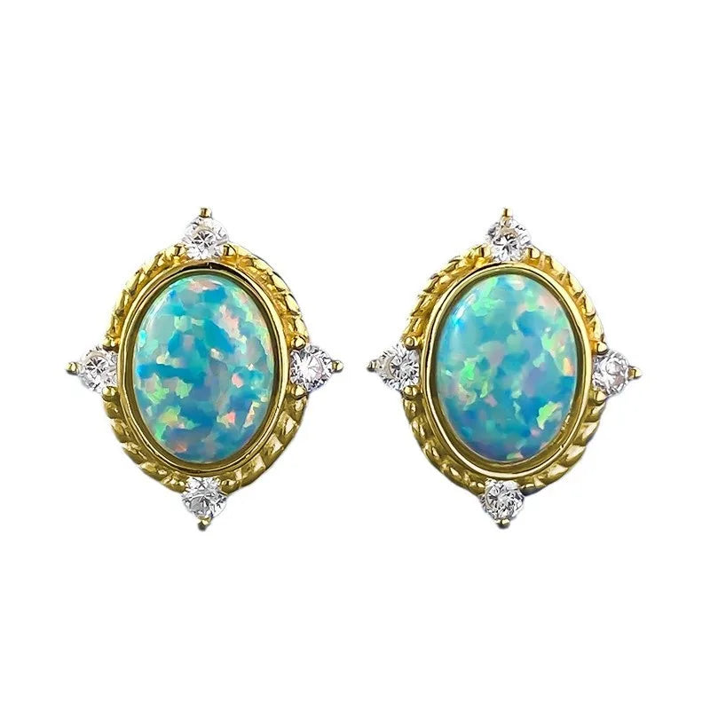 VintCarve Vintage 100% 925 Sterling Silver Oval Cut Synthetic Opal High Carbon Diamonds Gemstone Stud Earrings Party Fine Jewelry