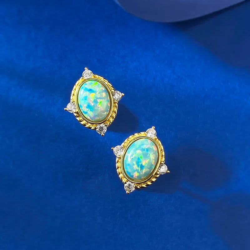 VintCarve Vintage 100% 925 Sterling Silver Oval Cut Synthetic Opal High Carbon Diamonds Gemstone Stud Earrings Party Fine Jewelry