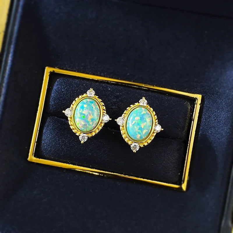 VintCarve Vintage 100% 925 Sterling Silver Oval Cut Synthetic Opal High Carbon Diamonds Gemstone Stud Earrings Party Fine Jewelry