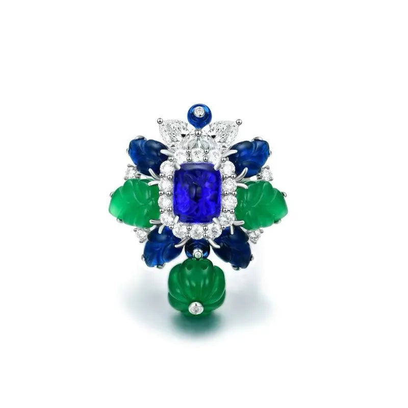 ZOCA Unique Engraved Blue And Emerald Color Gemstone Top Brand Luxury 925 Sterling Silver Ring for Women Woman Rings