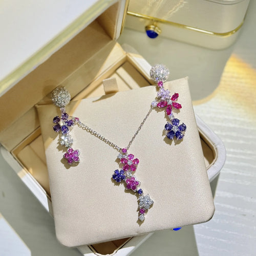 ZOCA  925 Sterling Silver Pink Color Flower Drop Earrings Necklace for Women Exquisite Zircon Wedding Banquet Jewelry Sets